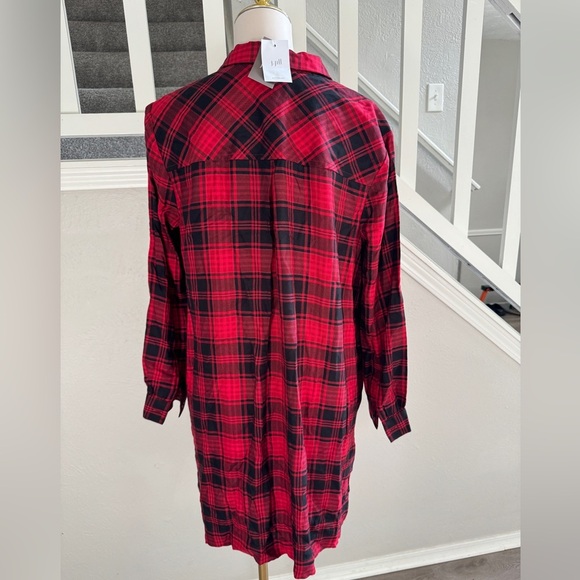 NWT J. JILL 1/3 Button Down Shirt Dress MEDIUM Red Black Plaid Pockets - Picture 3 of 7